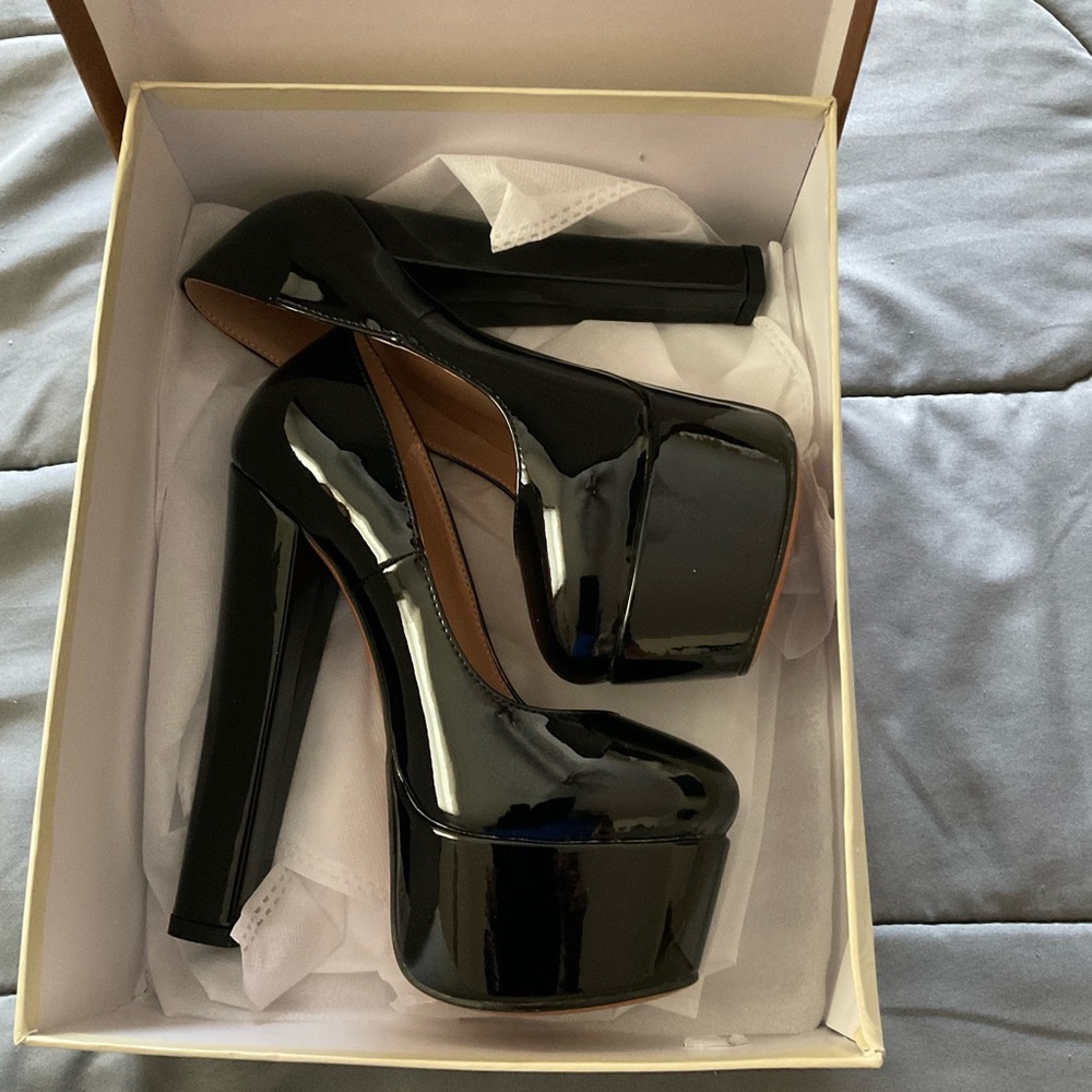 Black patent platform block heel shoes
